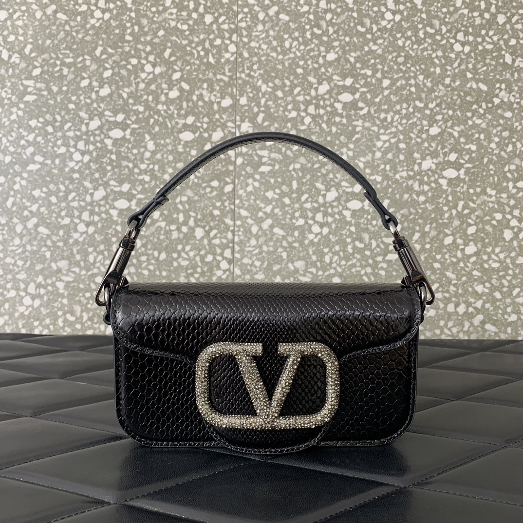 Valentino Garavani Loco Small Shoulder Bag in Black Snake Grain Calfskin Leather